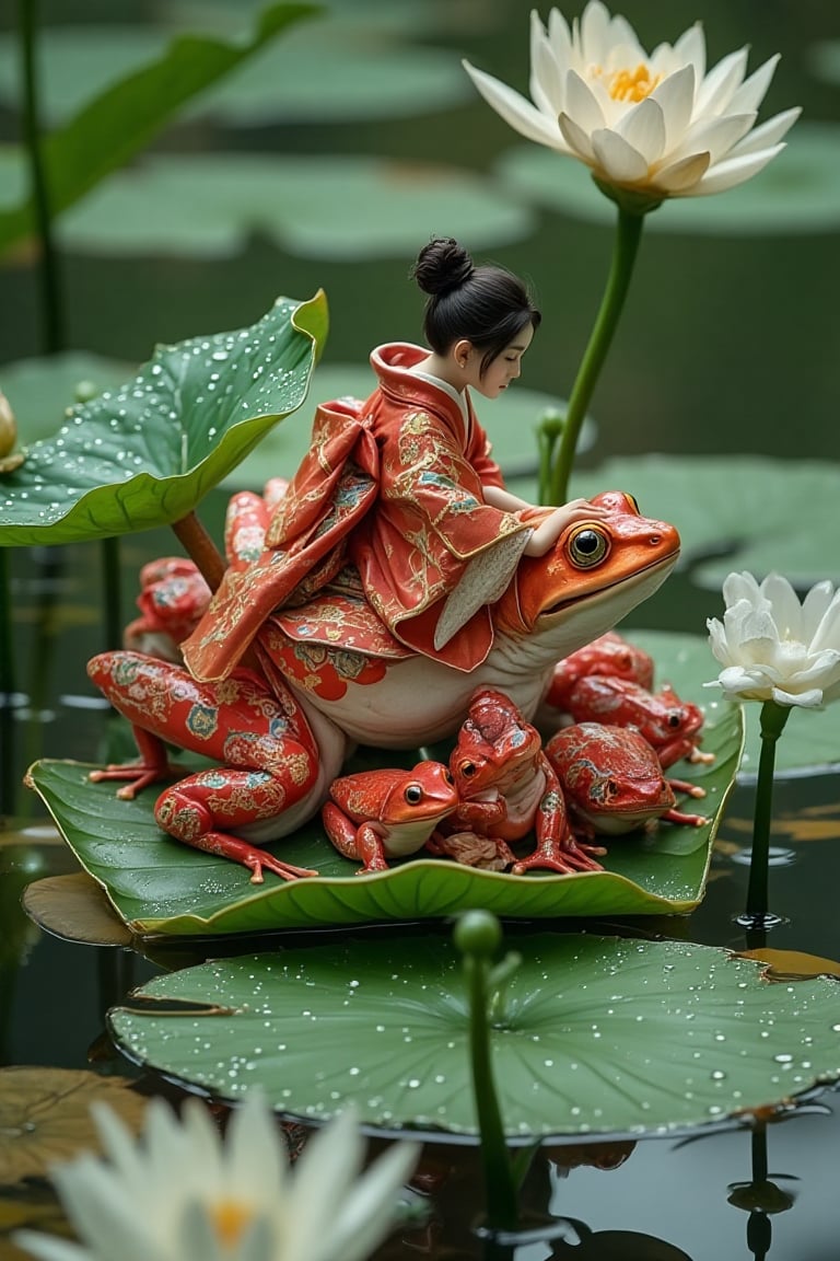 10 small red frogs stands on a left wit dew drops with a Japanese lady in a kimono sitting on its back,  on a Lilly pad wi...