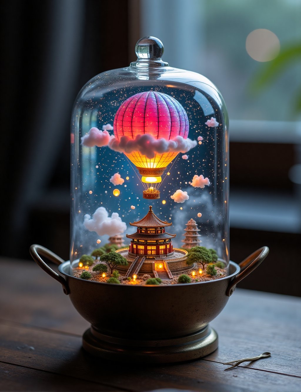 A mystical glass bell jar terrarium sits atop a sleek metal base in a Chinese one handle wok with noodles bowl with chopst...