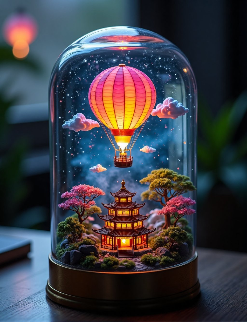 A mystical glass bell jar terrarium sits atop a sleek metal base noodles bowl china ,  cradling a vibrant hot air balloon...