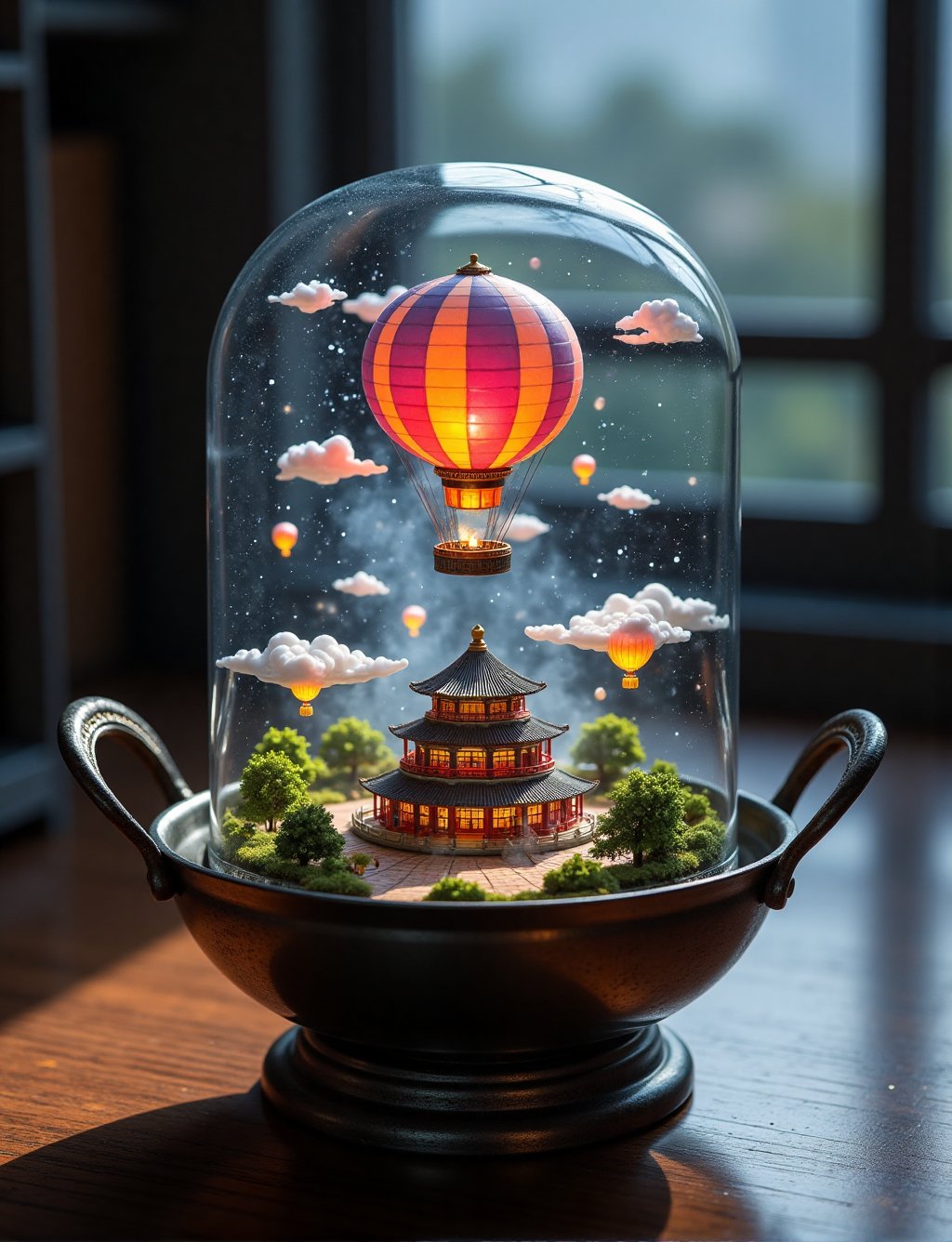 A mystical glass bell jar terrarium sits atop a sleek metal base in a Chinese one handle wok with noodles bowl with chopst...