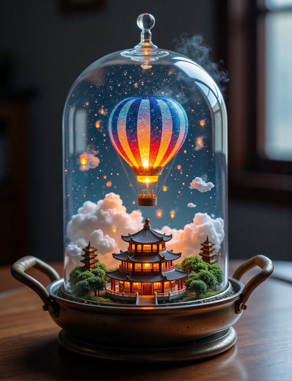 A mystical glass bell jar terrarium sits atop a sleek metal base in a Chinese one handle wok with noodles,  cradling a vib...