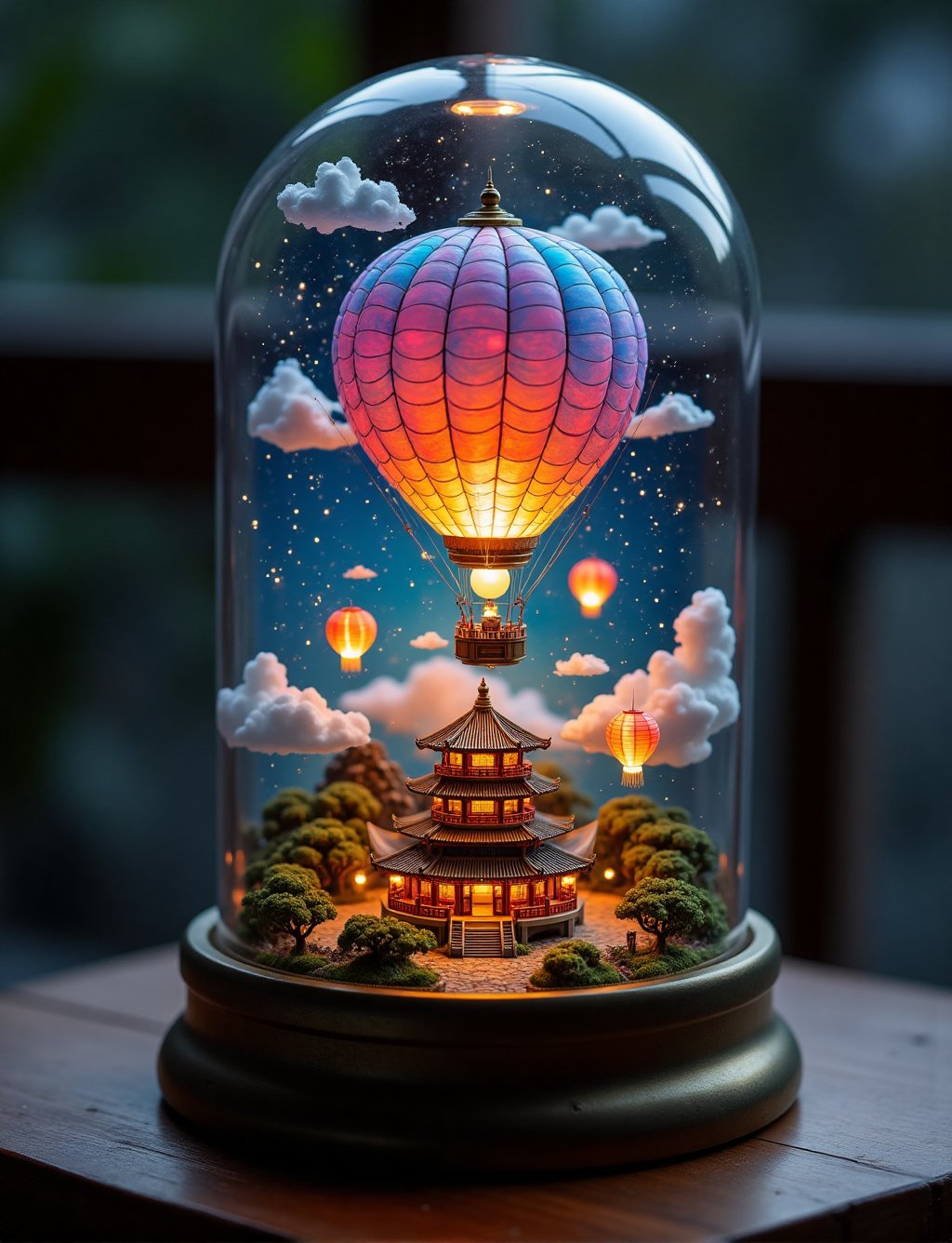 A mystical glass bell jar terrarium sits atop a sleek metal base in a chinese wok with noodles chop sticks,  cradling a vi...