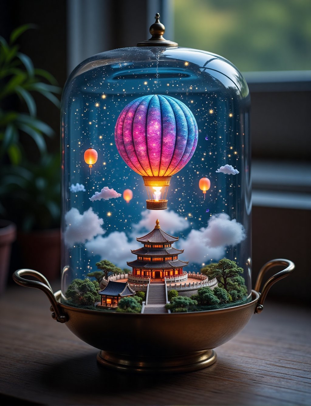 A mystical glass bell jar terrarium sits atop a sleek metal base in a Chinese one handle wok with noodles,  cradling a vib...