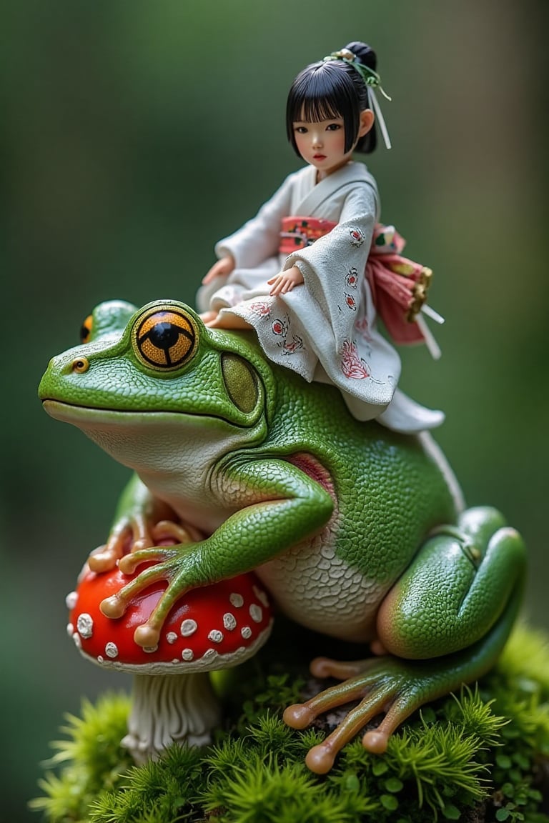 10 small green frogs with a realistic Japanese lady in a kimono sitting on its back of a frog ,  the frog is on a red mush...