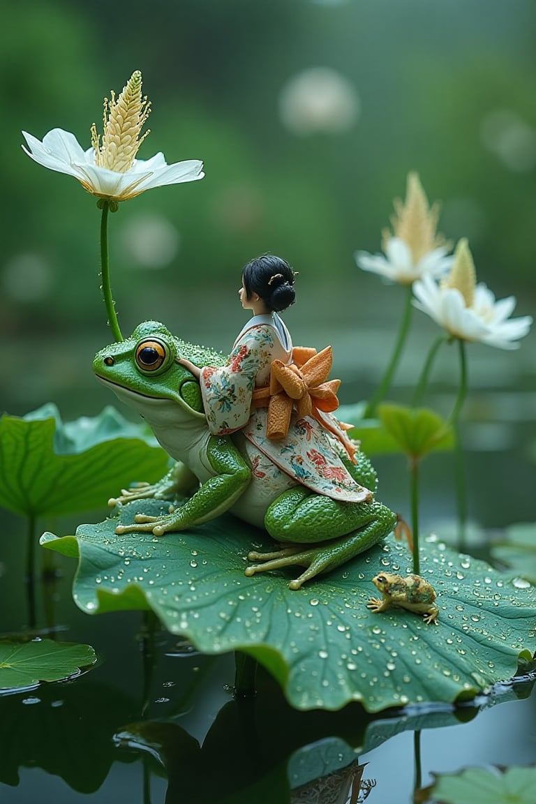 10 small frogs stands on a left wit dew drops with a Japanese lady in a kimono sitting on its back,  on a Lilly pad with a...