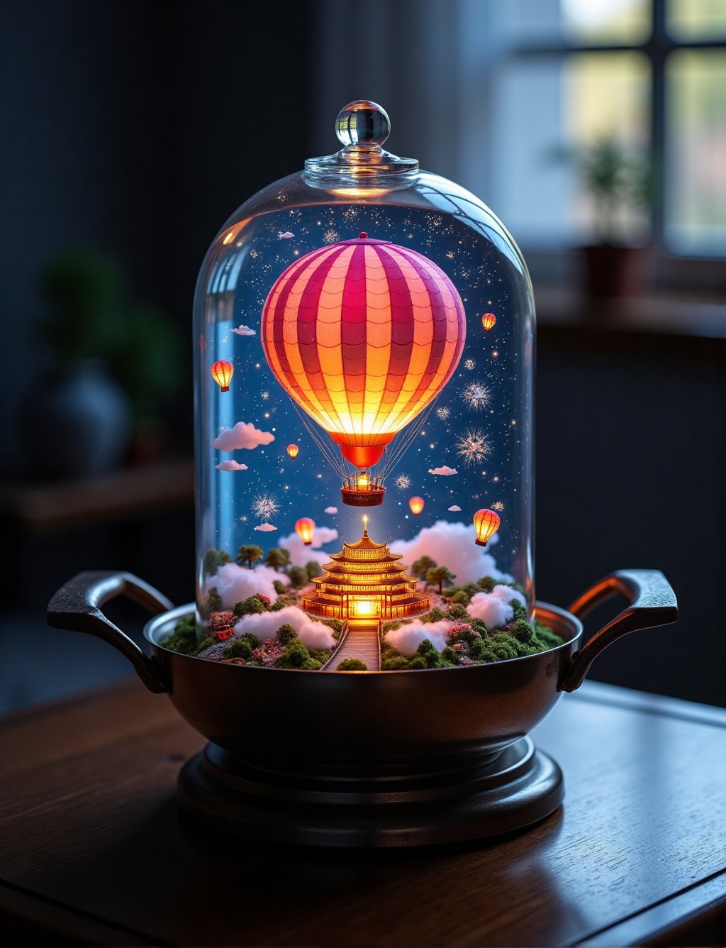A mystical glass bell jar terrarium sits atop a sleek metal base in a Chinese one handle wok with noodles,  cradling a vib...