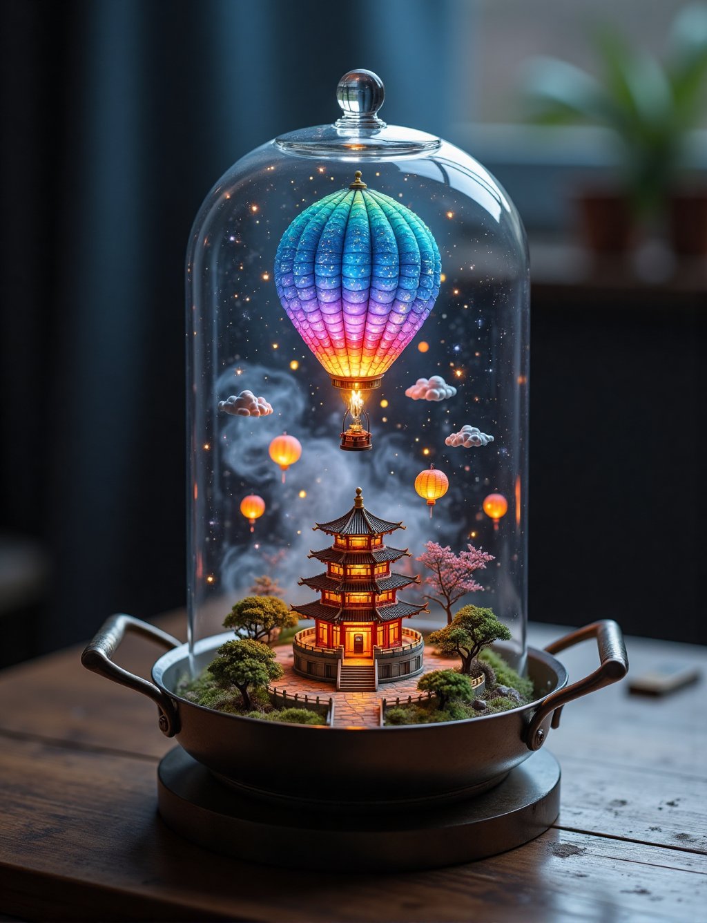 A mystical glass bell jar terrarium sits atop a sleek metal base in a chinese wok with noodles chop sticks,  cradling a vi...