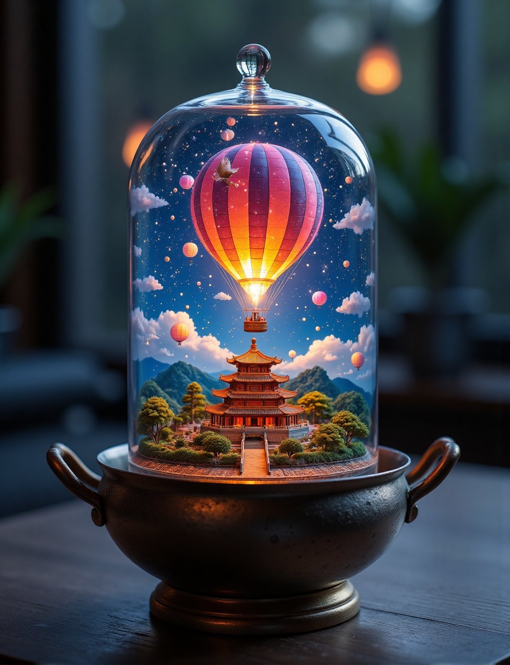 A mystical glass bell jar terrarium sits atop a sleek metal base in a Chinese one handle wok with noodles,  cradling a vib...
