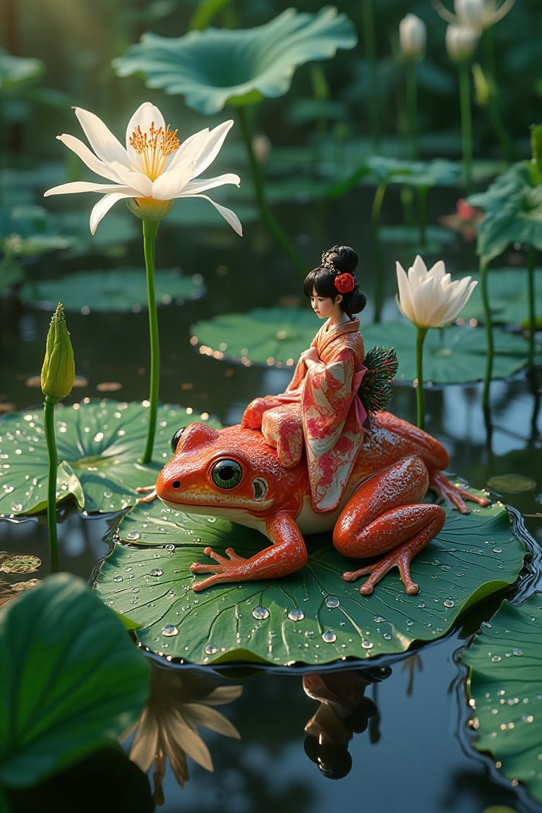 10 small red frogs stands on a left wit dew drops with a Japanese lady in a kimono sitting on its back,  on a Lilly pad wi...