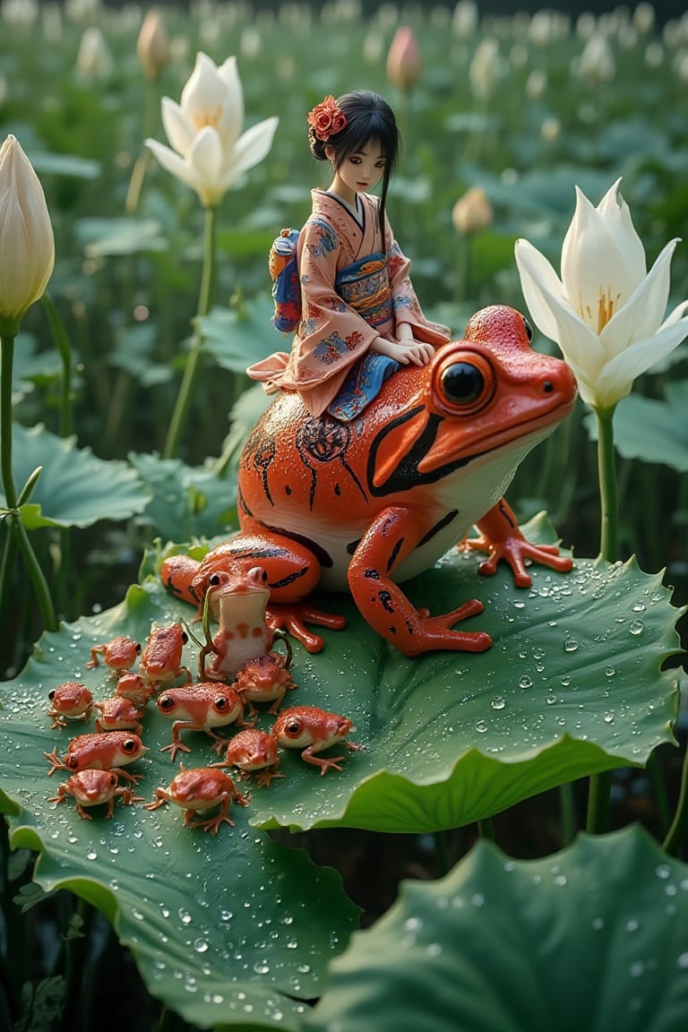 10 small red frogs stands on a left wit dew drops with a Japanese lady in a kimono sitting on its back,  on a Lilly pad wi...