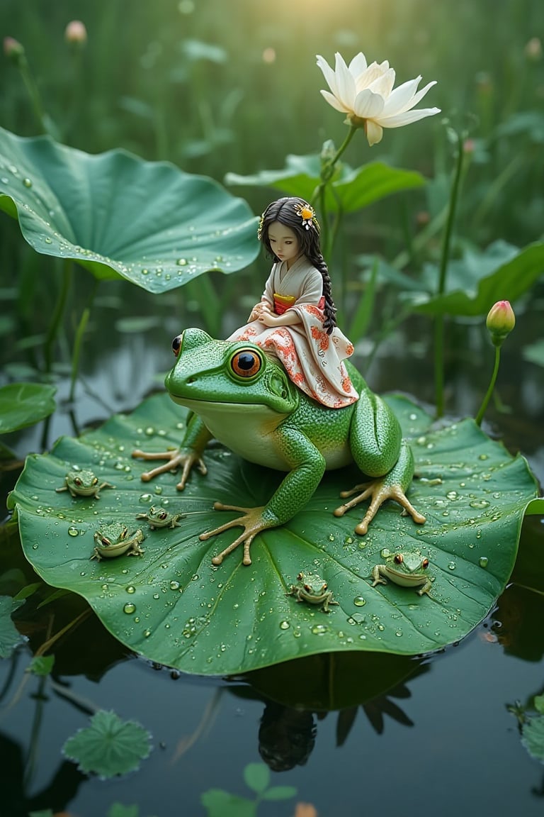 10 small frogs stands on a left wit dew drops with a Japanese lady in a kimono sitting on its back,  on a Lilly pad with a...