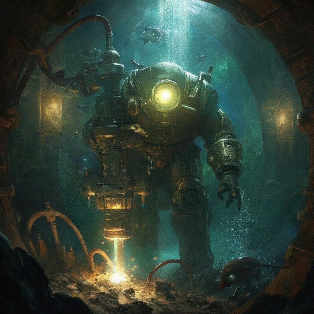 "Create a highly detailed and atmospheric image of a Big Daddy from *BioShock* working underwater in the dark,  dystopian...