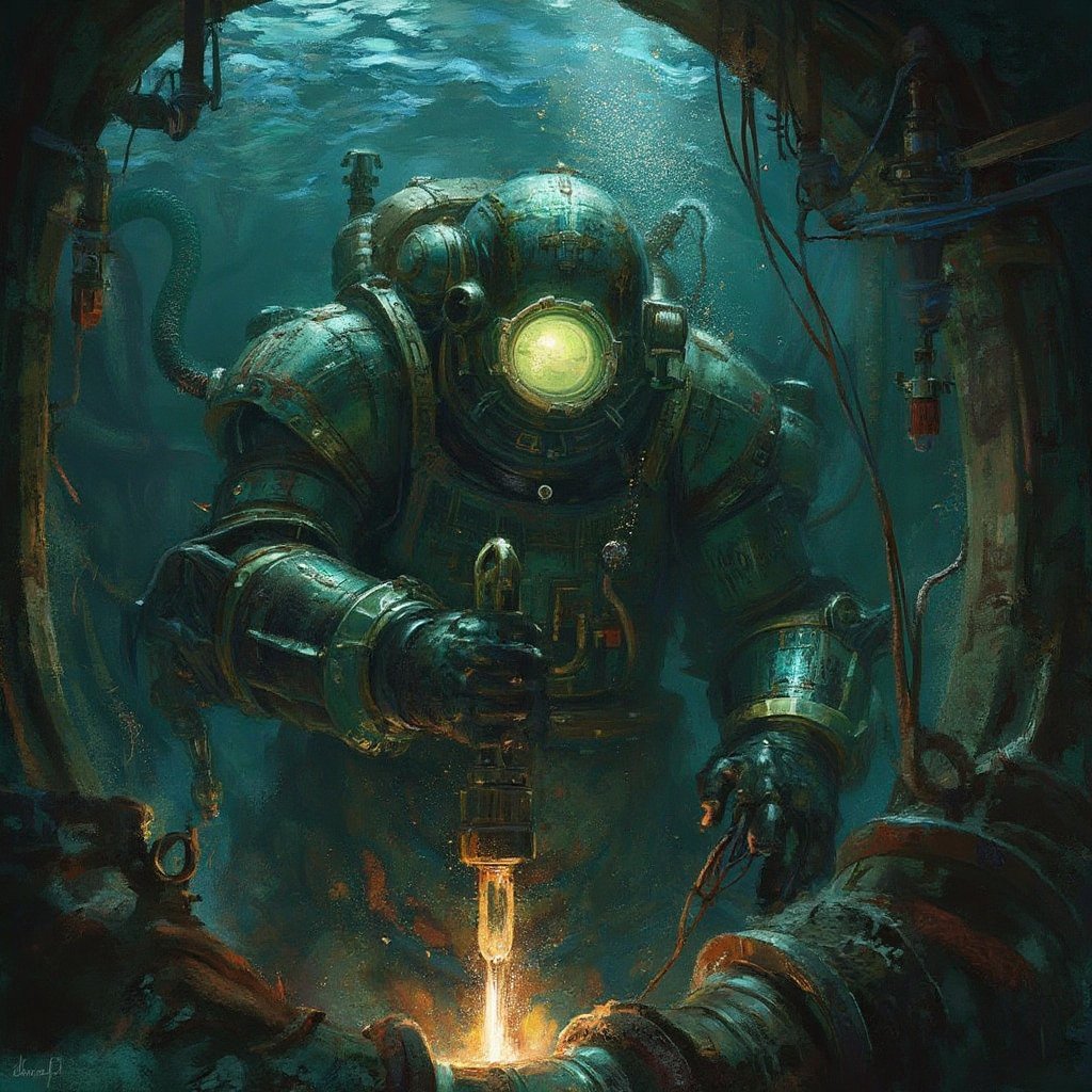 "Create a highly detailed and atmospheric ultrarealistic image of a Big Daddy from *BioShock* working underwater in the da...
