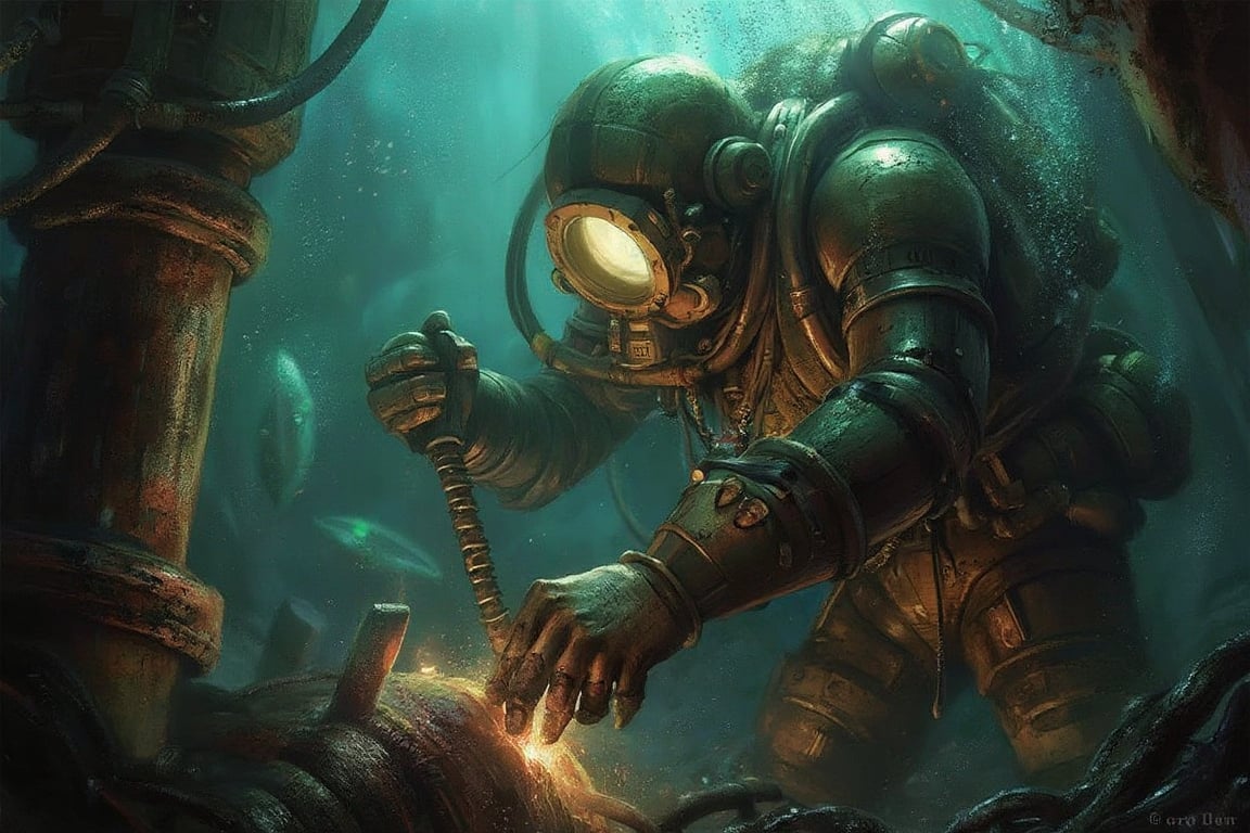 "Create a highly detailed and atmospheric ultrarealistic image of a Big Daddy from *BioShock* working underwater in the da...