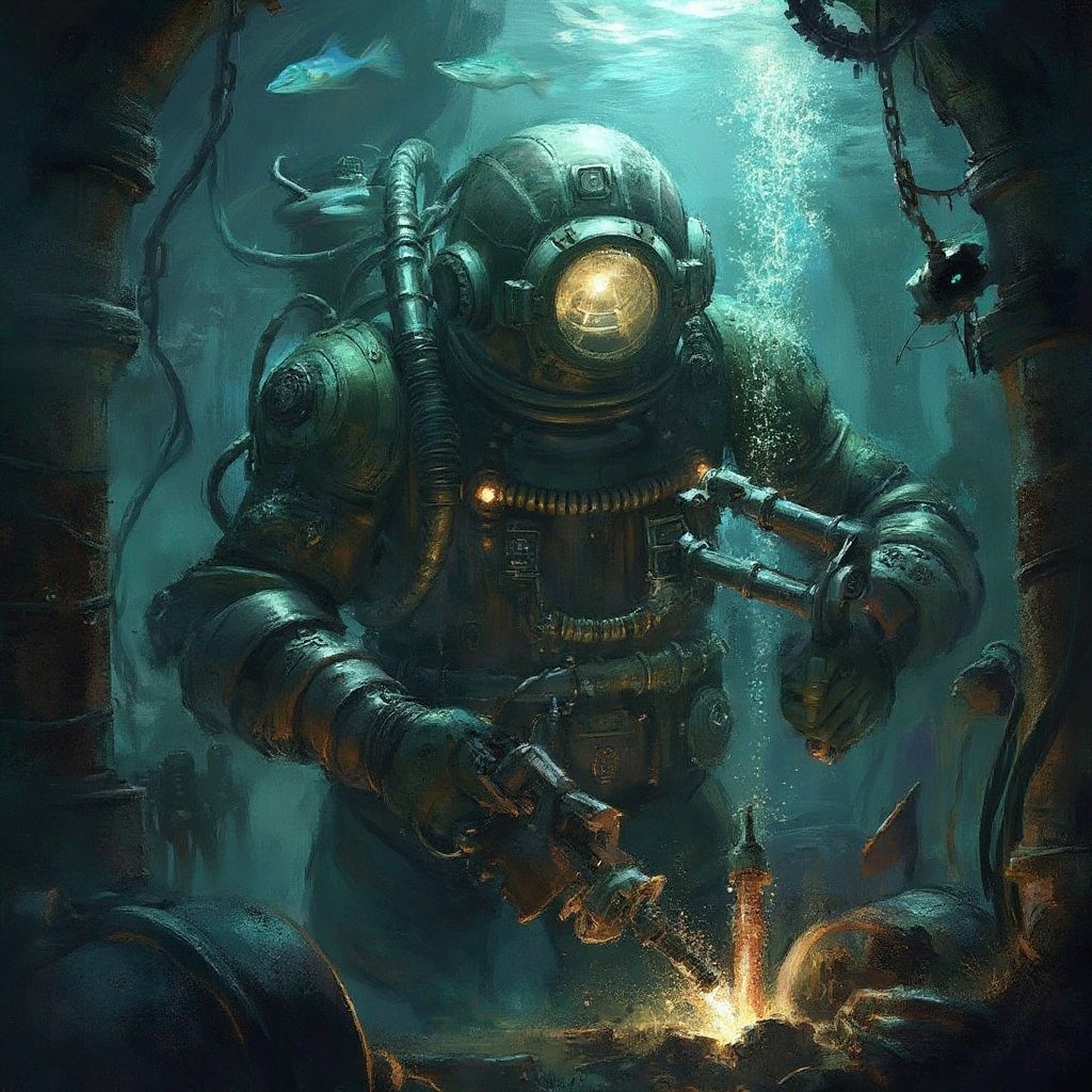"Create a highly detailed and atmospheric image of a Big Daddy from *BioShock* working underwater in the dark,  dystopian...
