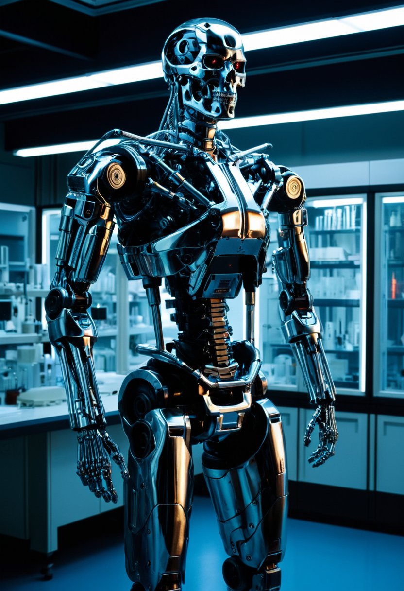 A cybernetic war man cyborg robot stands tall against a backdrop of chemical laboratory equipment,  bathed in soft,  volum...