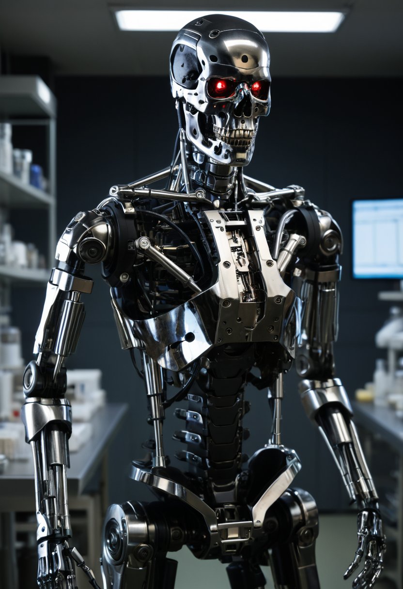 A cybernetic war man cyborg robot stands tall against a backdrop of chemical laboratory equipment,  bathed in soft,  volum...