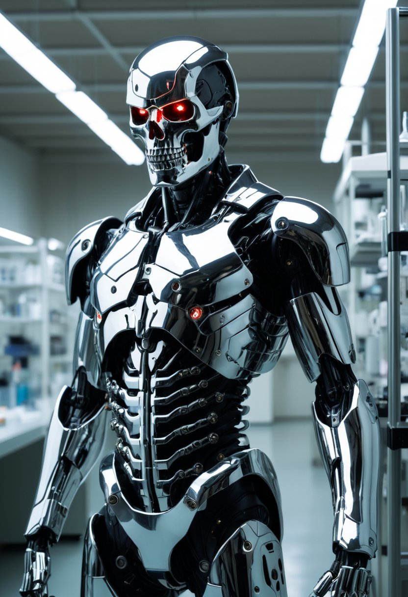 A cybernetic war man cyborg robot stands tall against a backdrop of chemical laboratory equipment,  bathed in soft,  volum...
