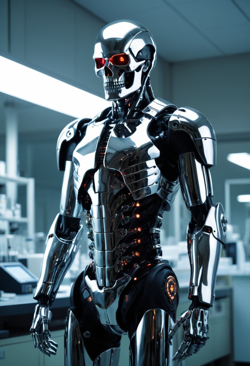 A cybernetic war man cyborg robot stands tall against a backdrop of chemical laboratory equipment,  bathed in soft,  volum...