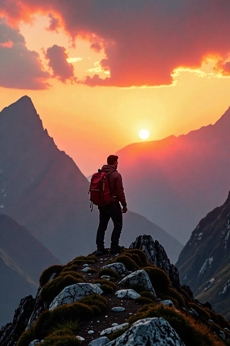 A lone figure,  silhouetted against a fiery sunrise,  stands atop a windswept mountain ridge. With the back to the camera...