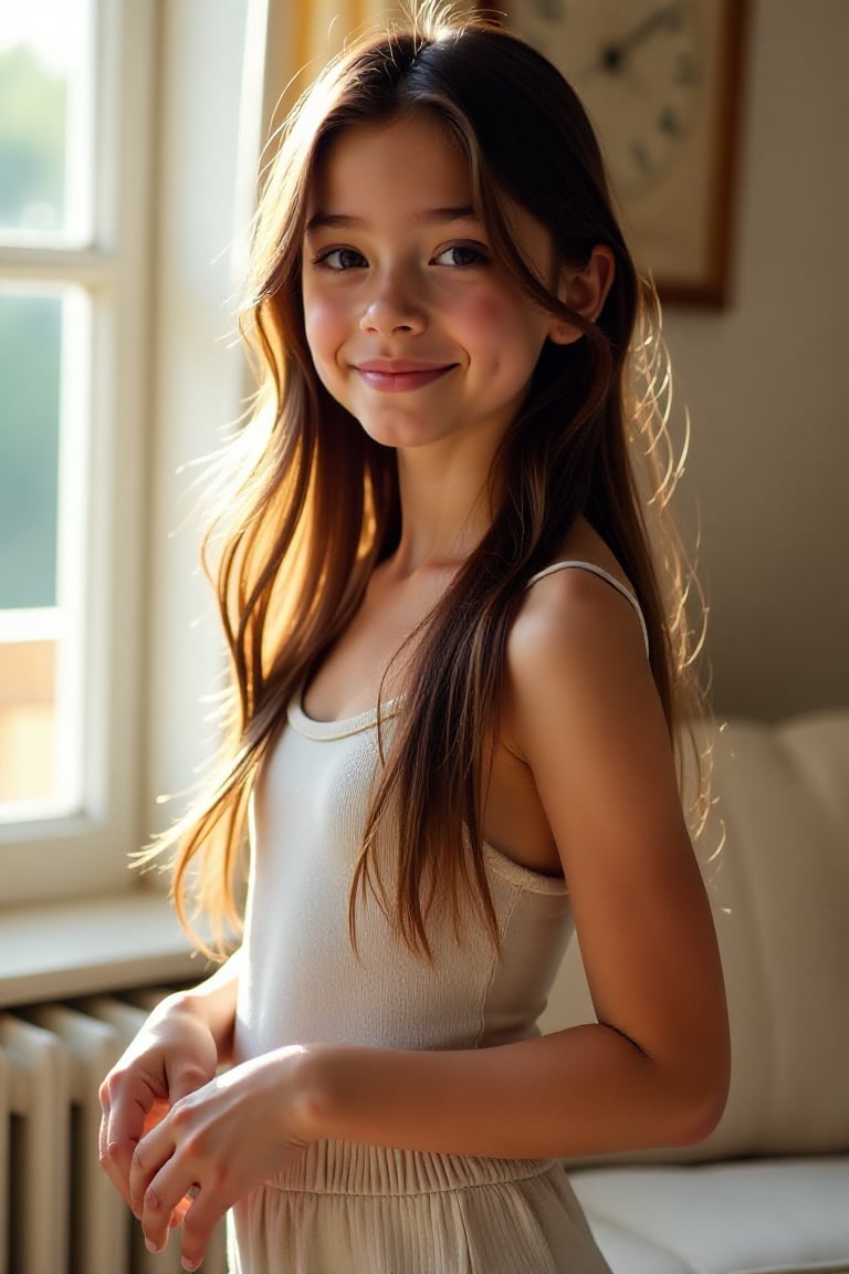 A petite 23-year-old girl with long hair,  standing in a cozy,  sunlit room. Her hair falls softly over her shoulders by u...