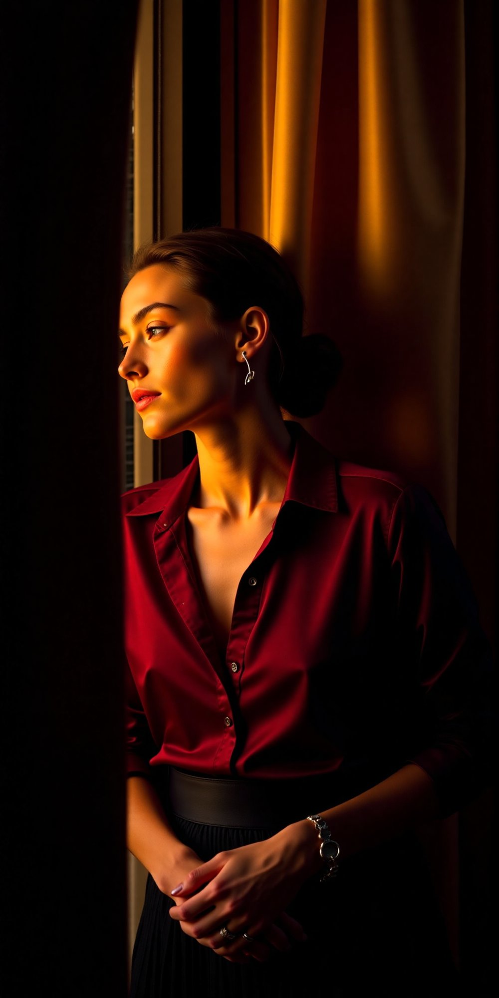 Leibovitz’s chiaroscuro sculpts the woman’s form as she leans into a shaft of golden window light,  her garnet shirt blazi...