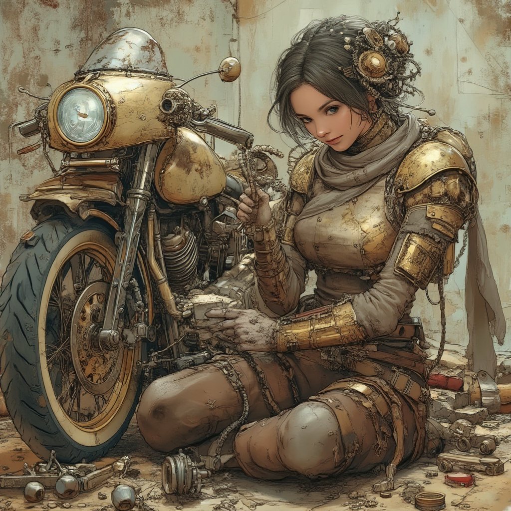 Steampunk style woman repairing a hovering motorcycle by user_812879538077001864 on Tensor.Art