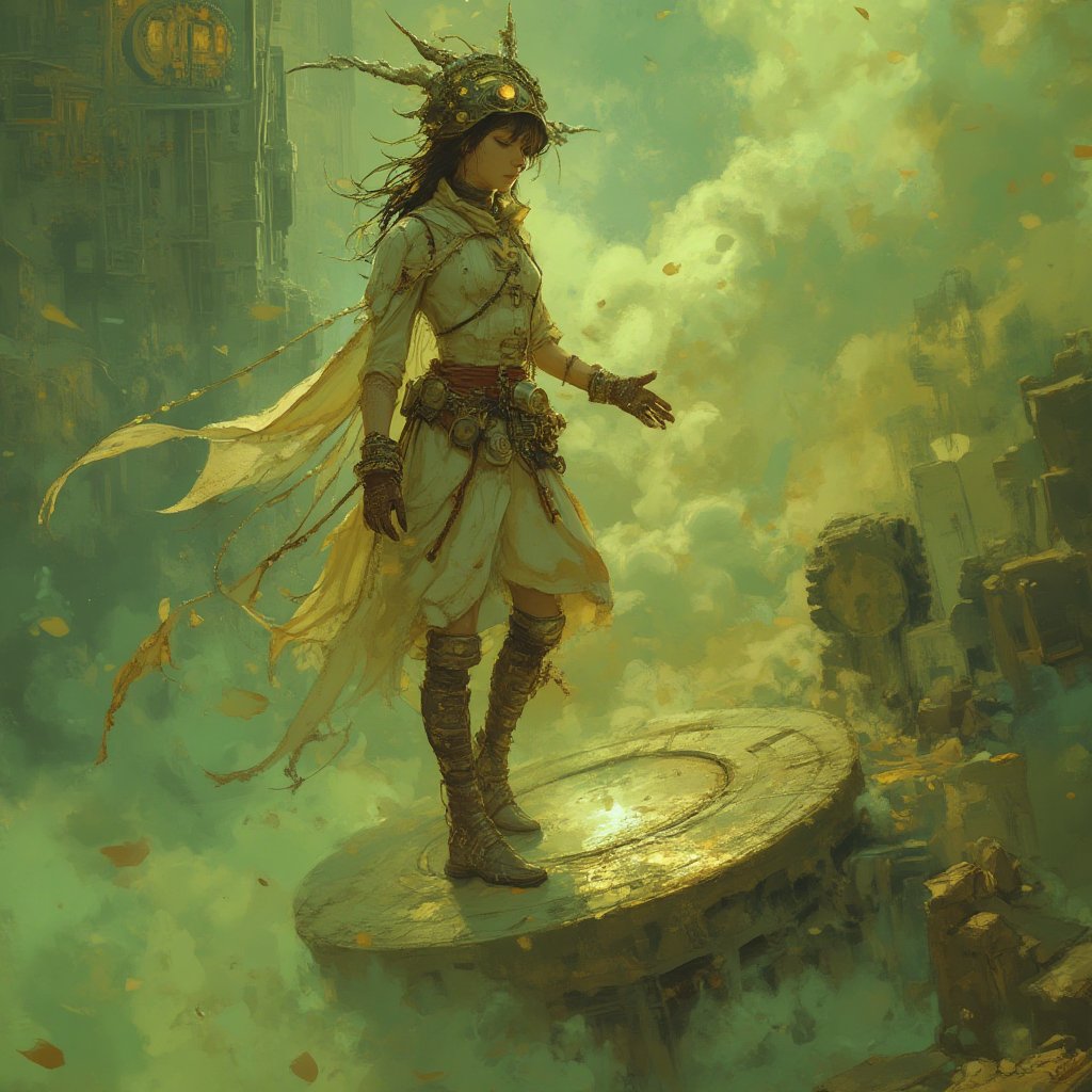 A steampunk is standing on a flying disk. she is surrounded by green-yellowish mist. by user_812879538077001864 on Tensor.Art