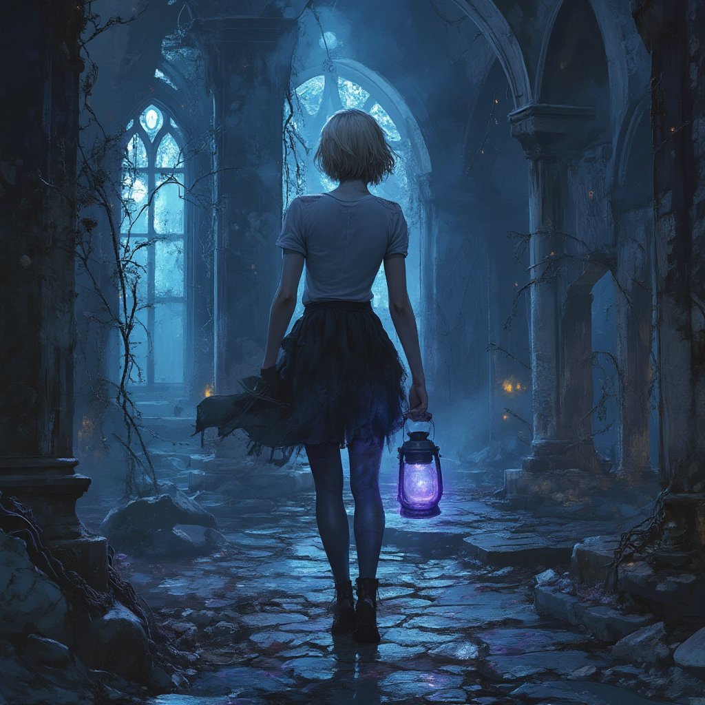 Steampunk. One beautiful woman,  exploring Gothic ruins at night,  holding a lantern by user_812879538077001864 on Tensor.Art