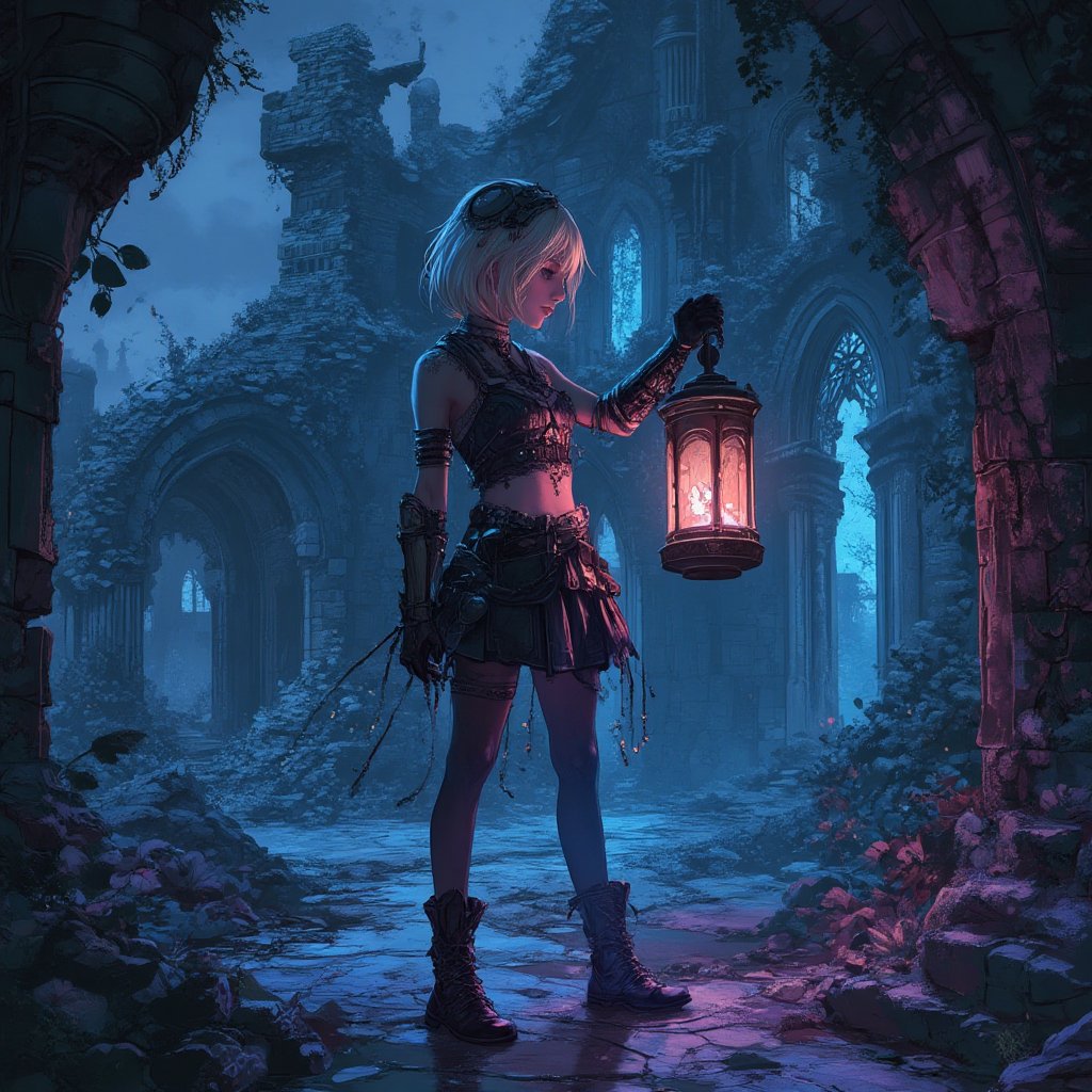 Steampunk. One beautiful woman,  exploring Gothic ruins at night,  holding a lantern by user_812879538077001864 on Tensor.Art