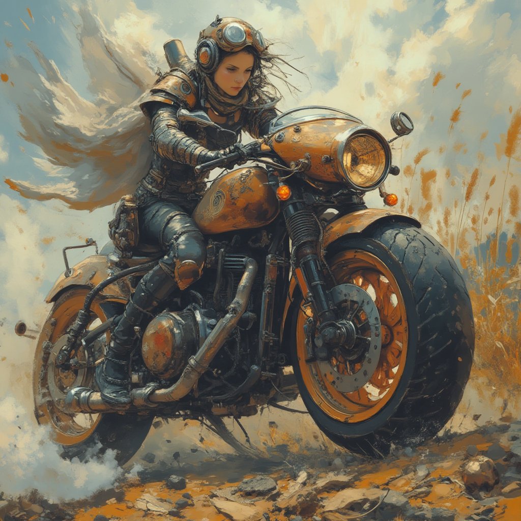 Steampunk style woman repairing a hovering motorcycle by user_812879538077001864 on Tensor.Art