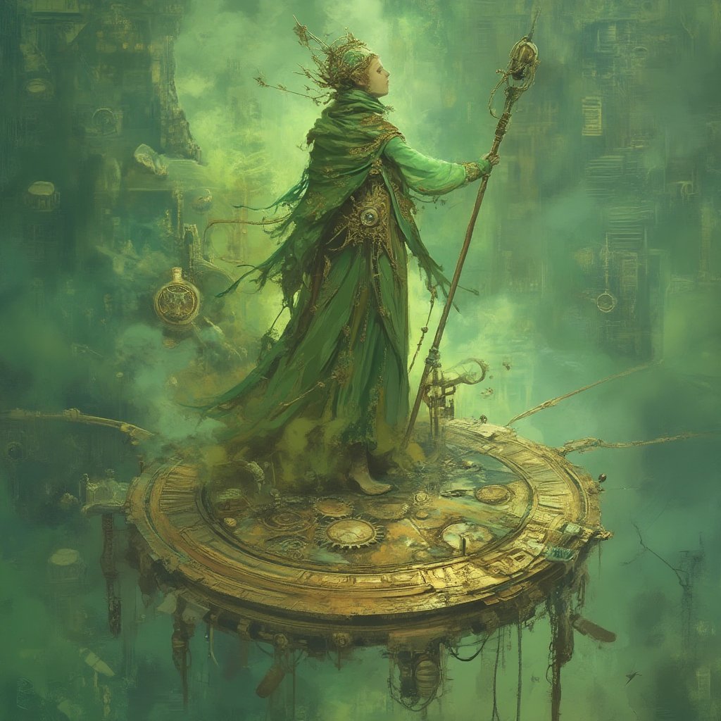 A steampunk is standing on a flying disk. she is surrounded by green-yellowish mist. by user_812879538077001864 on Tensor.Art
