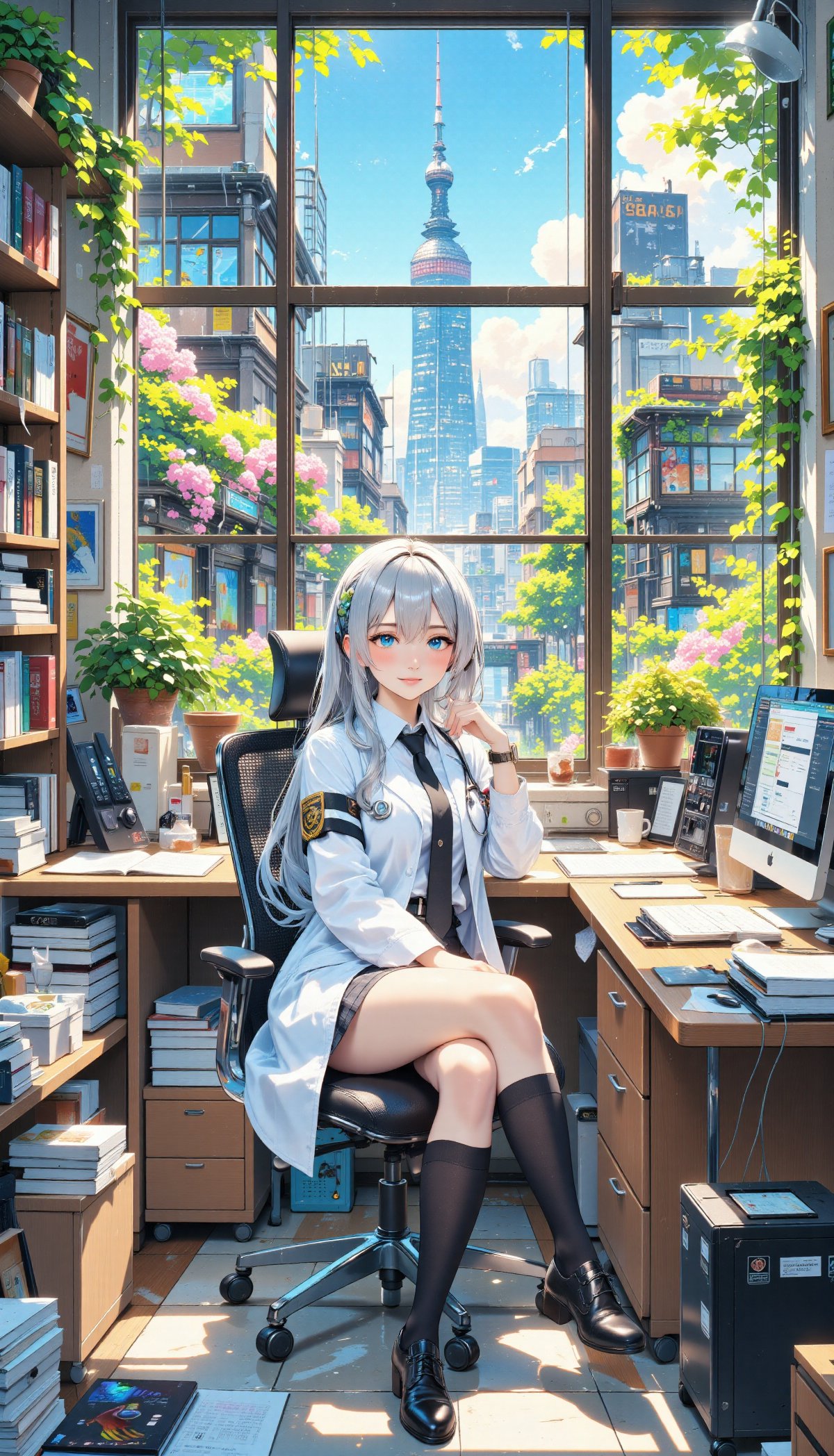 A highly detailed anime-style illustration of a young female scientist or medical student in a bright,  sunlit office. She...