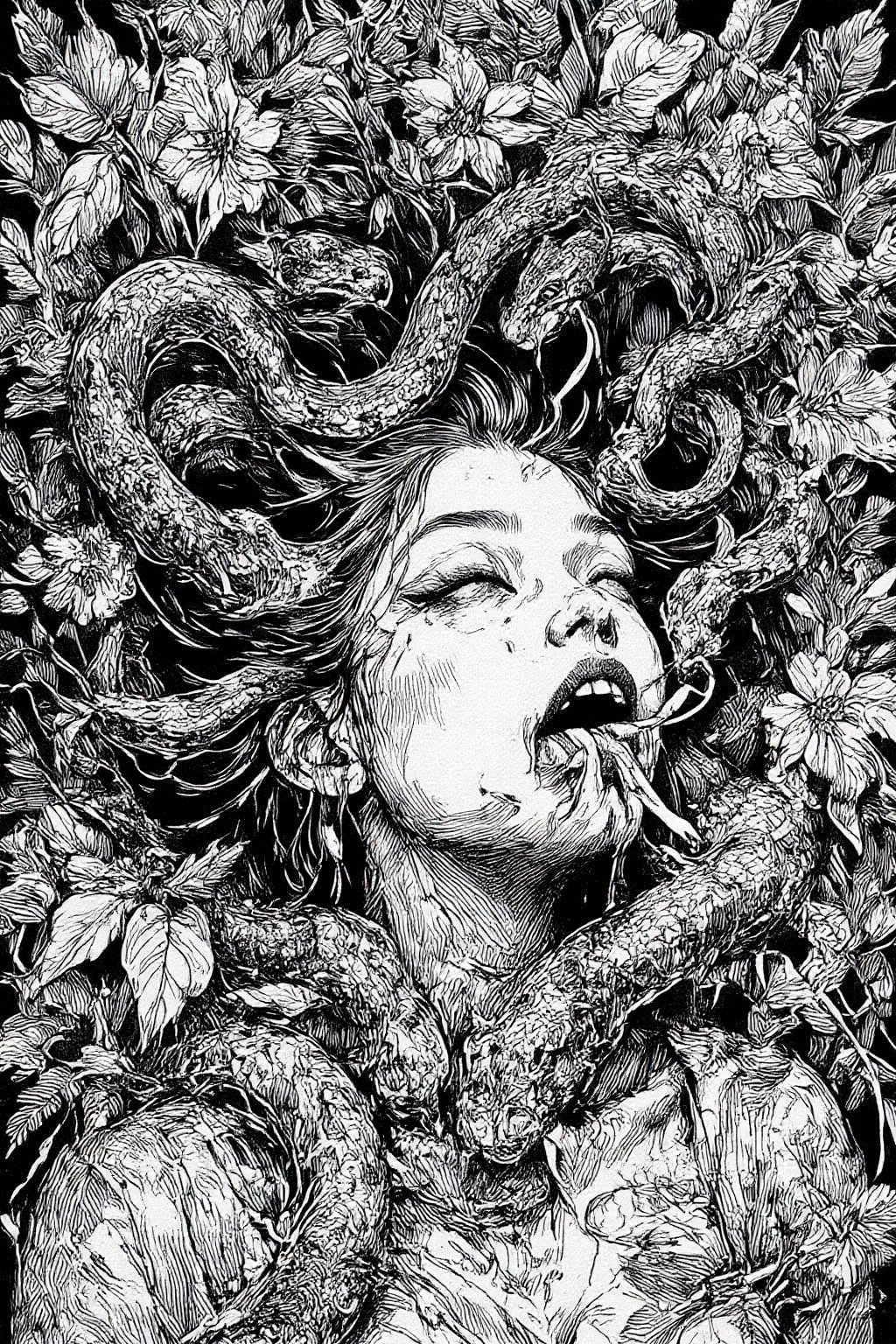 "A dark,  surreal illustration of a woman lying amidst dense foliage,  her hair flowing wildly around her. Two serpents ar...