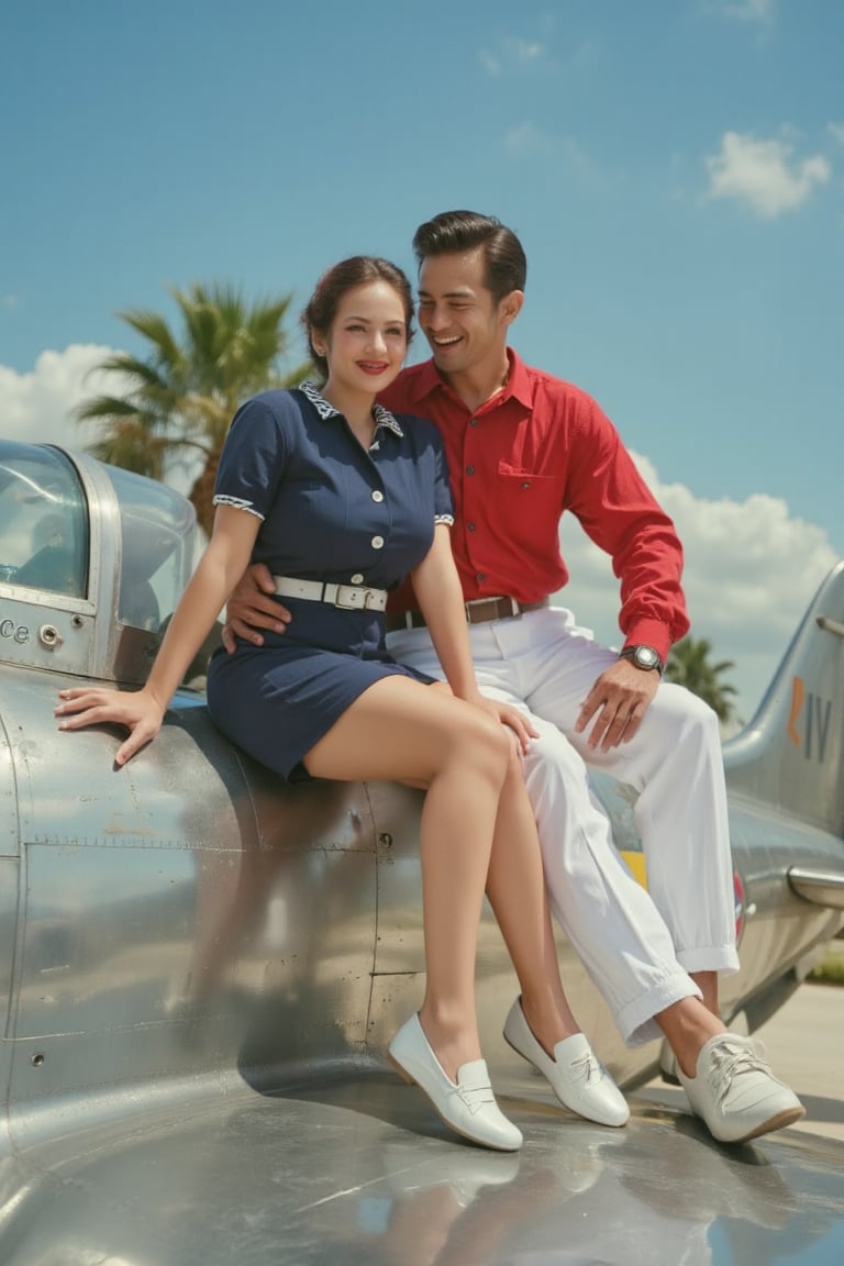 Retro style photoshoot featuring a young couple in the 1940s,  1woman and 1man. a glamorous woman sits on the wing of a vi...