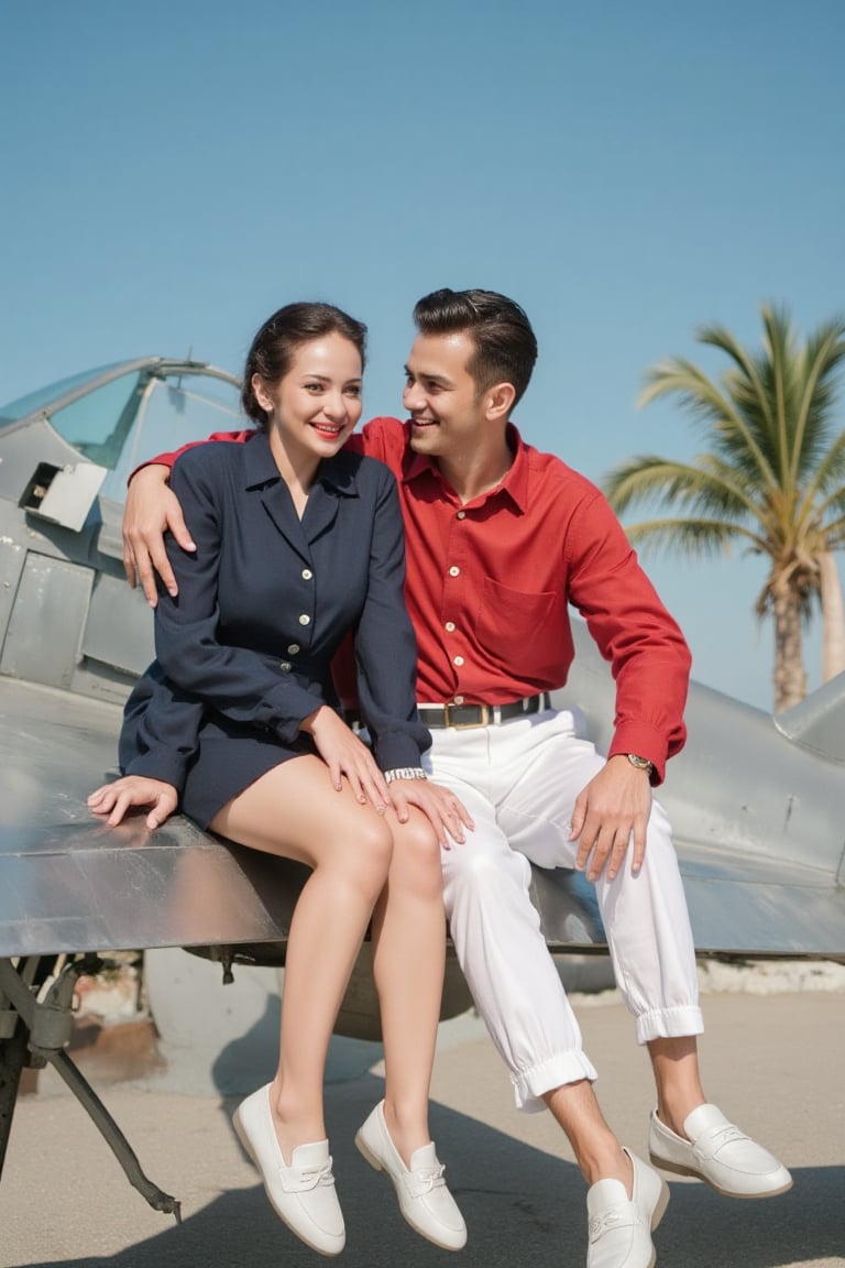 Retro style photoshoot featuring a young couple in the 1940s,  1woman and 1man. a glamorous woman sits on the wing of a vi...