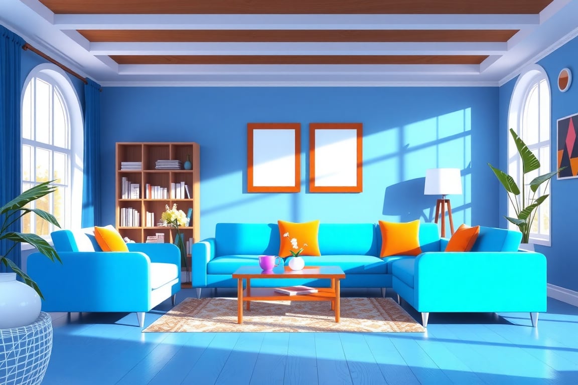 Animation 2d Living room,  blue colour,  sofa. Vector 2d. Anime 2d. by RA on Tensor.Art