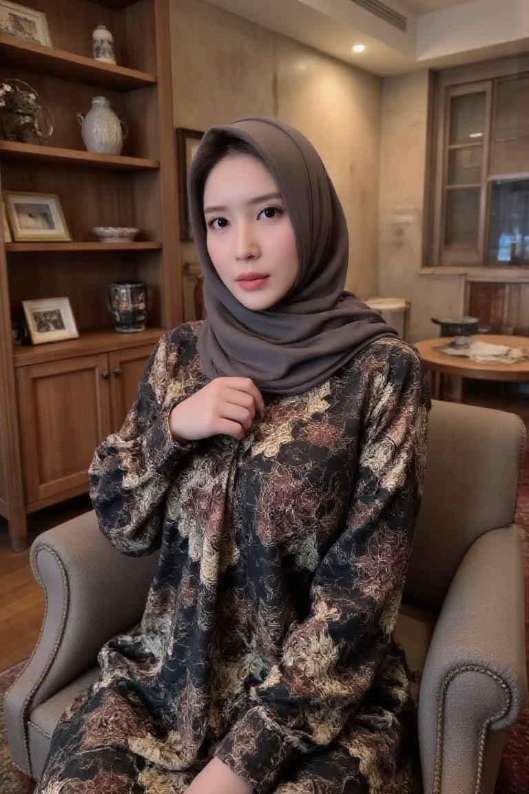 A sexy young woman wearing hijab sitting in the living room,  nagihikaru12 by user_814211841227131147 on Tensor.Art