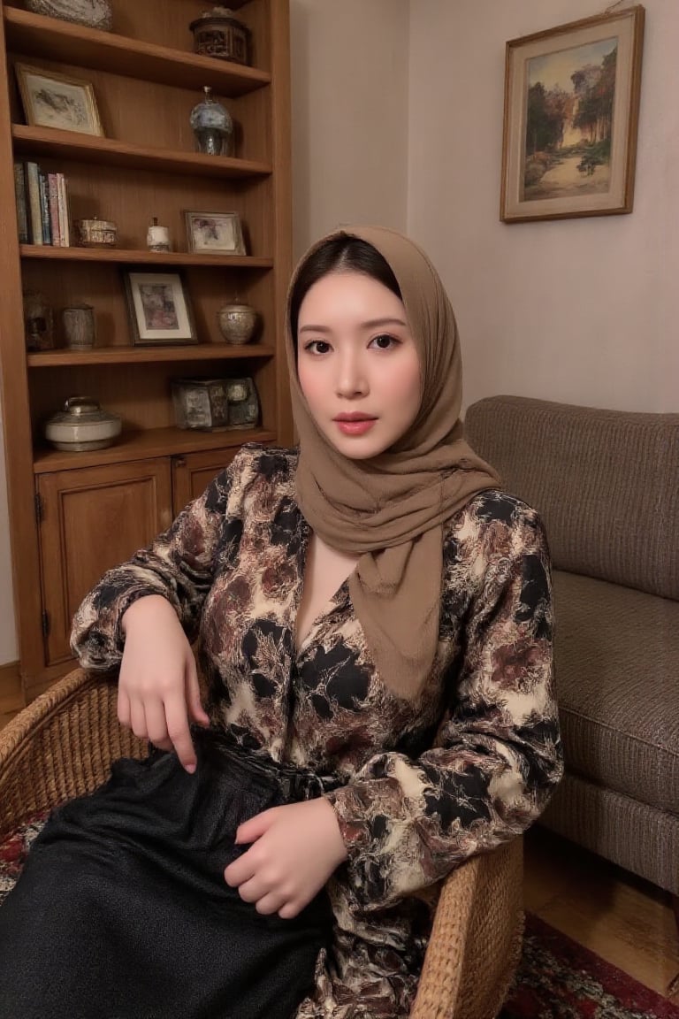 A sexy young woman wearing hijab sitting in the living room,  nagihikaru12 by user_814211841227131147 on Tensor.Art