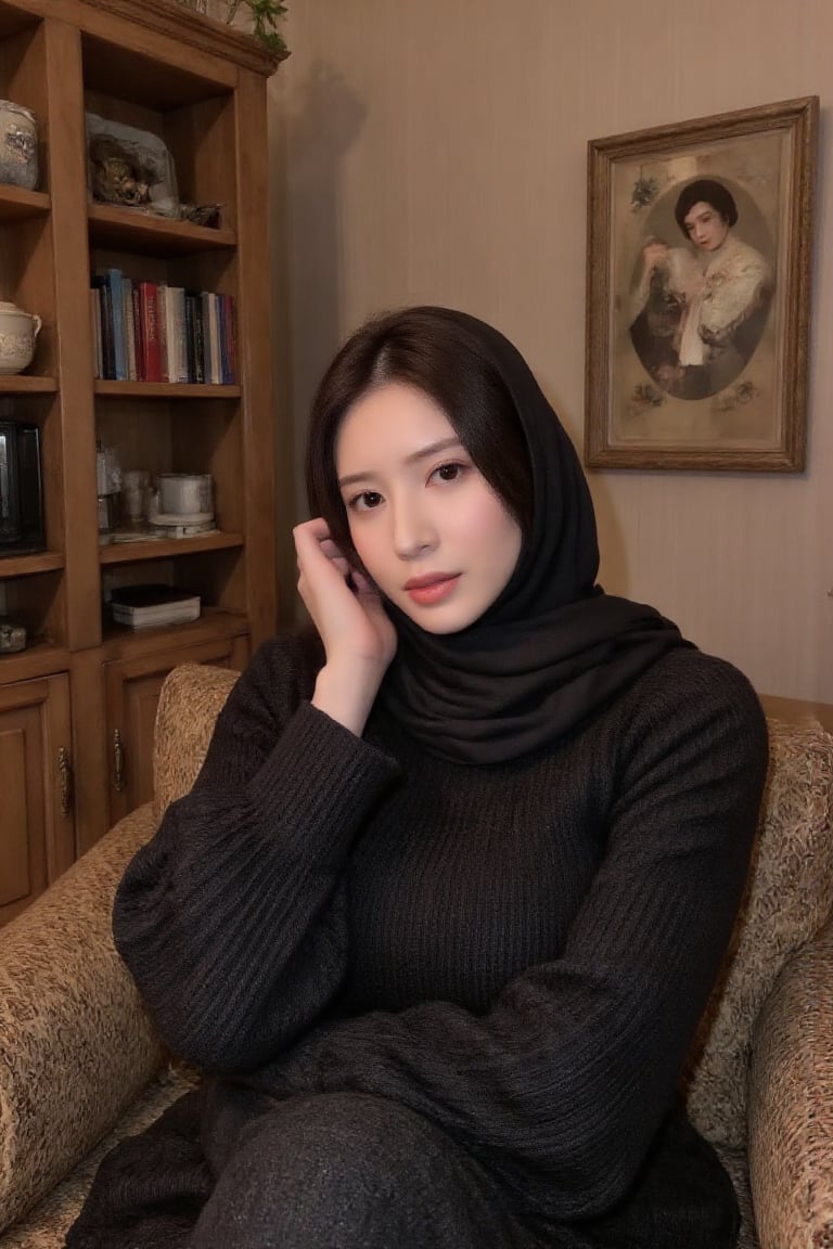 A sexy young woman wearing hijab sitting in the living room,  nagihikaru12 by user_814211841227131147 on Tensor.Art