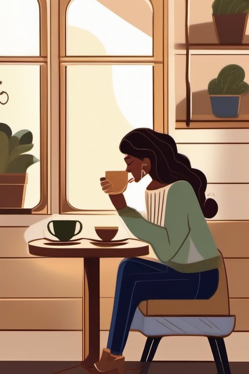 Create an illustration of a young woman sitting at a cozy café table,  enjoying a cup of coffee. She has medium-length,  w...