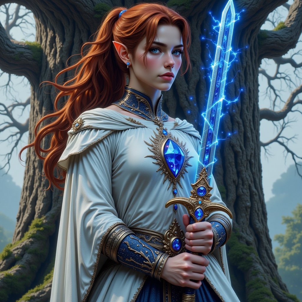 a highly intricately detailed oil painting of a handsome young elf man,  clean-shaven,  long auburn hair in a pony-tail by...
