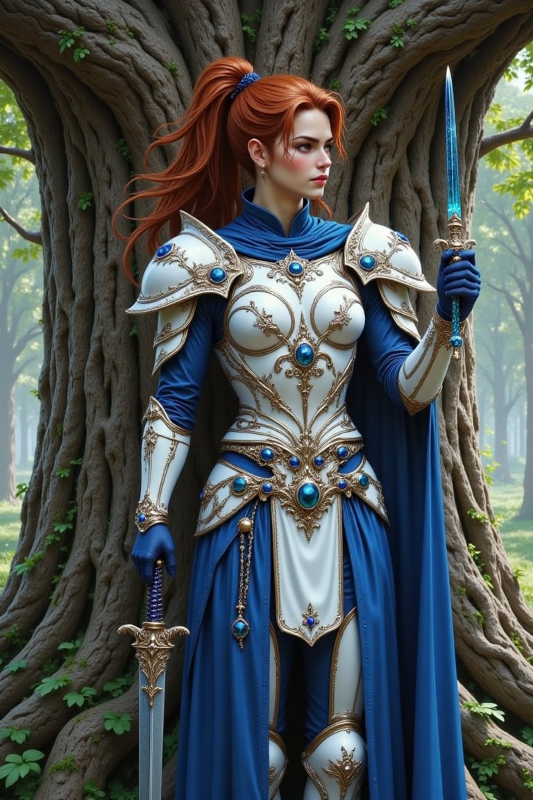 a highly intricately detailed oil painting of a handsome young elf man,  clean-shaven,  long auburn hair in a pony-tail by...