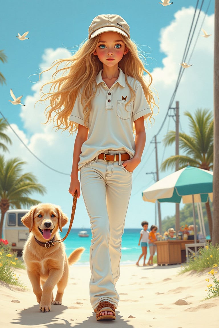 long haired CUTE 10 year old (BLUE EYED girl in BOHO STYLE white jeans and loose fitting white polo) walking in the spring...