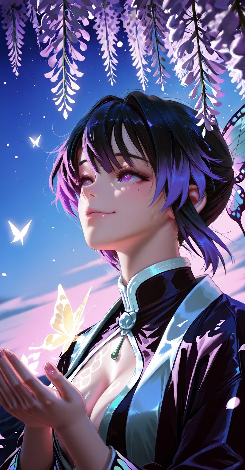 Ethereal portrait of Shinobu Kocho from Demon Slayer,  graceful butterfly goddess aesthetic,  delicate purple gradient eye...