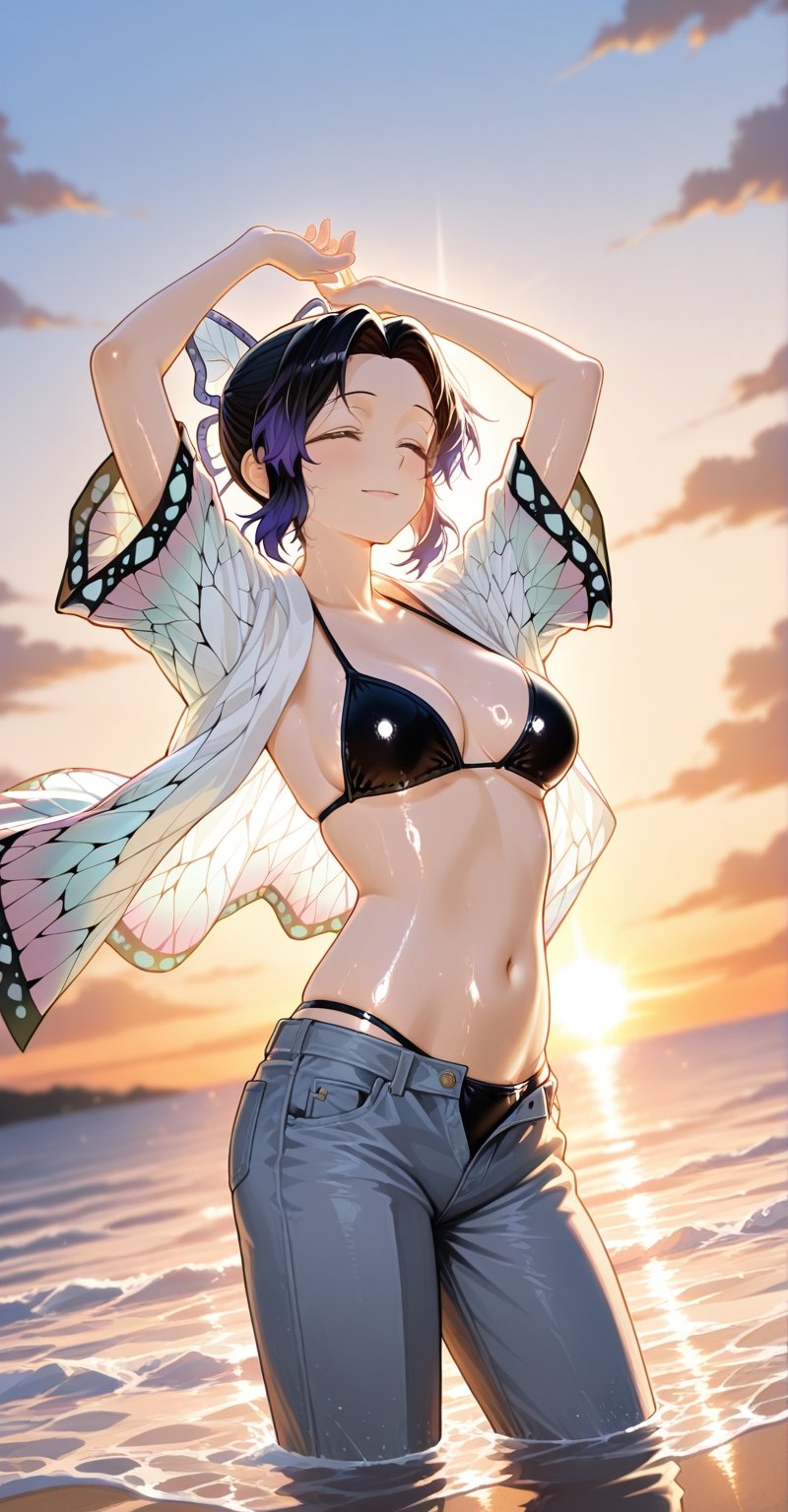 1girl,  solo,  short black and purple multicolored hair by Realistic world  on Tensor.Art