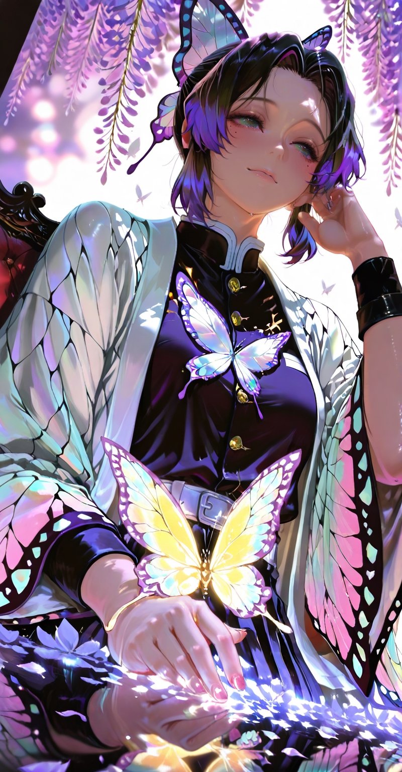 Ethereal portrait of Shinobu Kocho from Demon Slayer,  graceful butterfly goddess aesthetic,  delicate purple gradient eye...