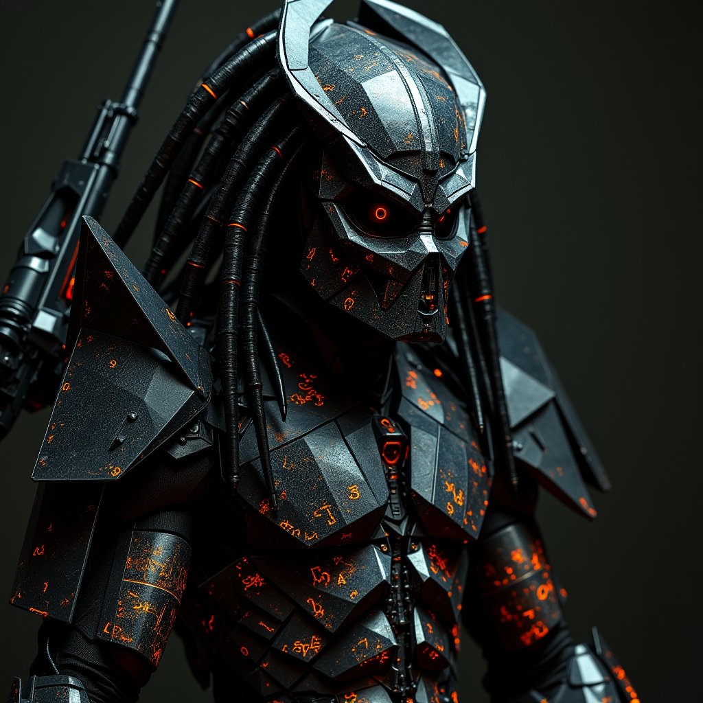 Predator in cinematic photography,  with an advanced black colured suit,  morse code symblols written all over the bodywor...