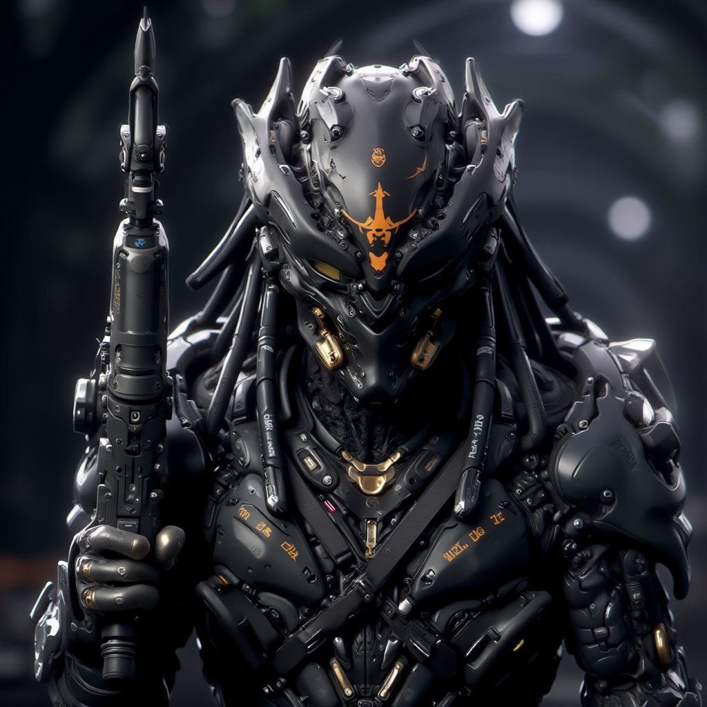 Predator in cinematic photography,  with an advanced black colured suit,  morse code symblols written all over the bodywor...