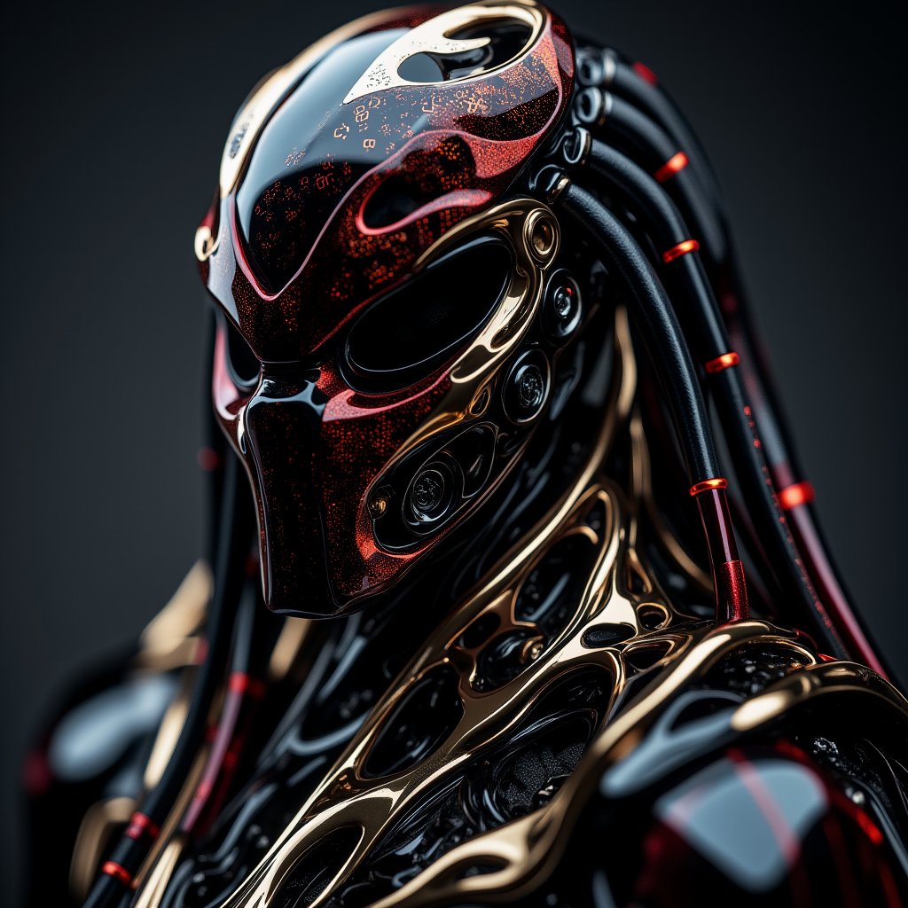 Predator in cinematic photography,  with an advanced black colured suit,  morse code symblols written all over the bodywor...